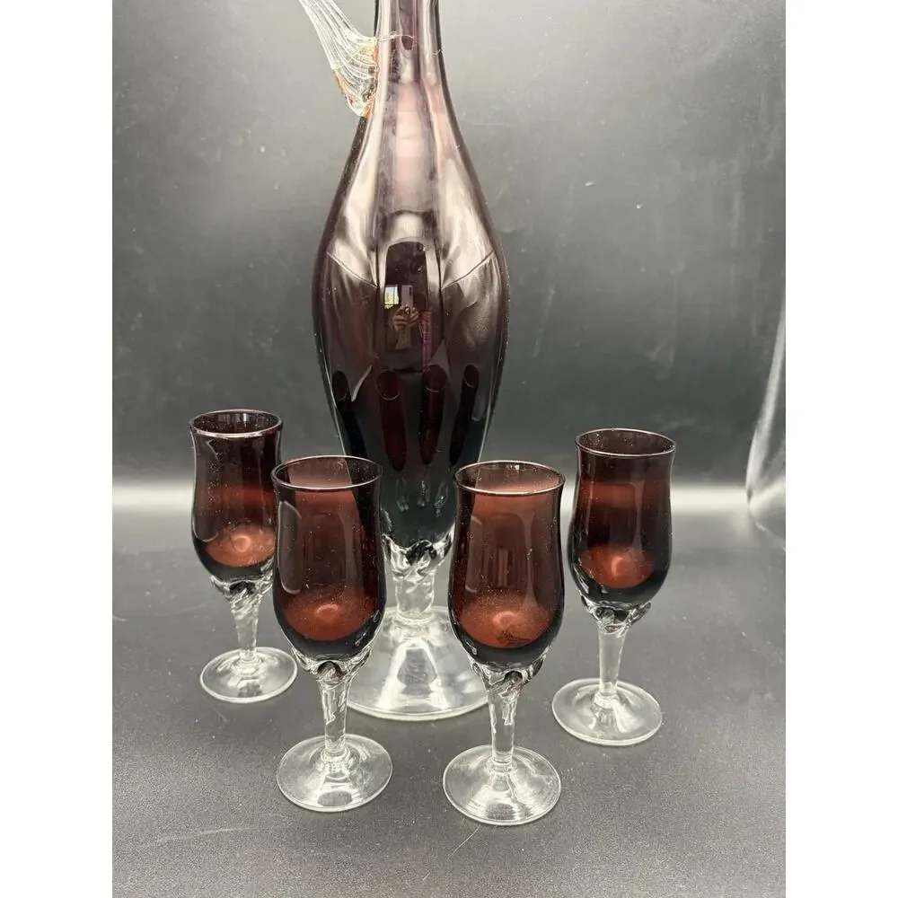 Glass Footed Genie Pitcher/Decanter Set Blue- 4 Stem Cordials